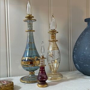 Antique perfume bottles 1930-40 Vintage glass bottles with stoppers Gold trim